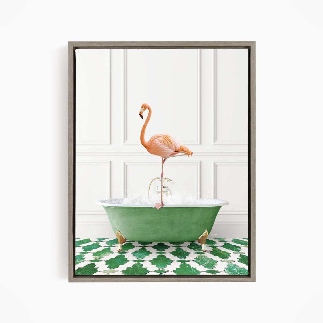 A pink flamingo stands on a green bathtub filled with water, surrounded by a green and white patterned floor.