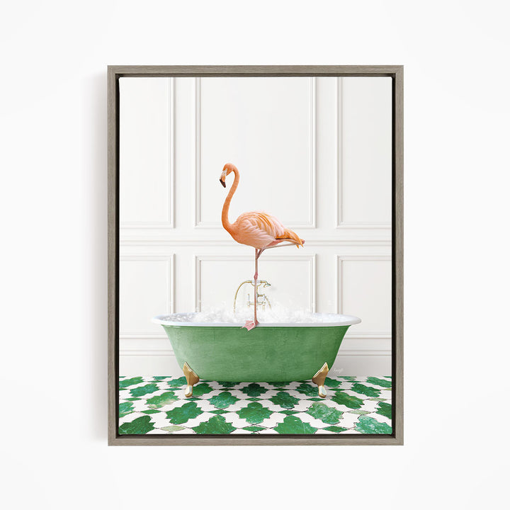 A pink flamingo stands on a green bathtub filled with water, surrounded by a green and white patterned floor.