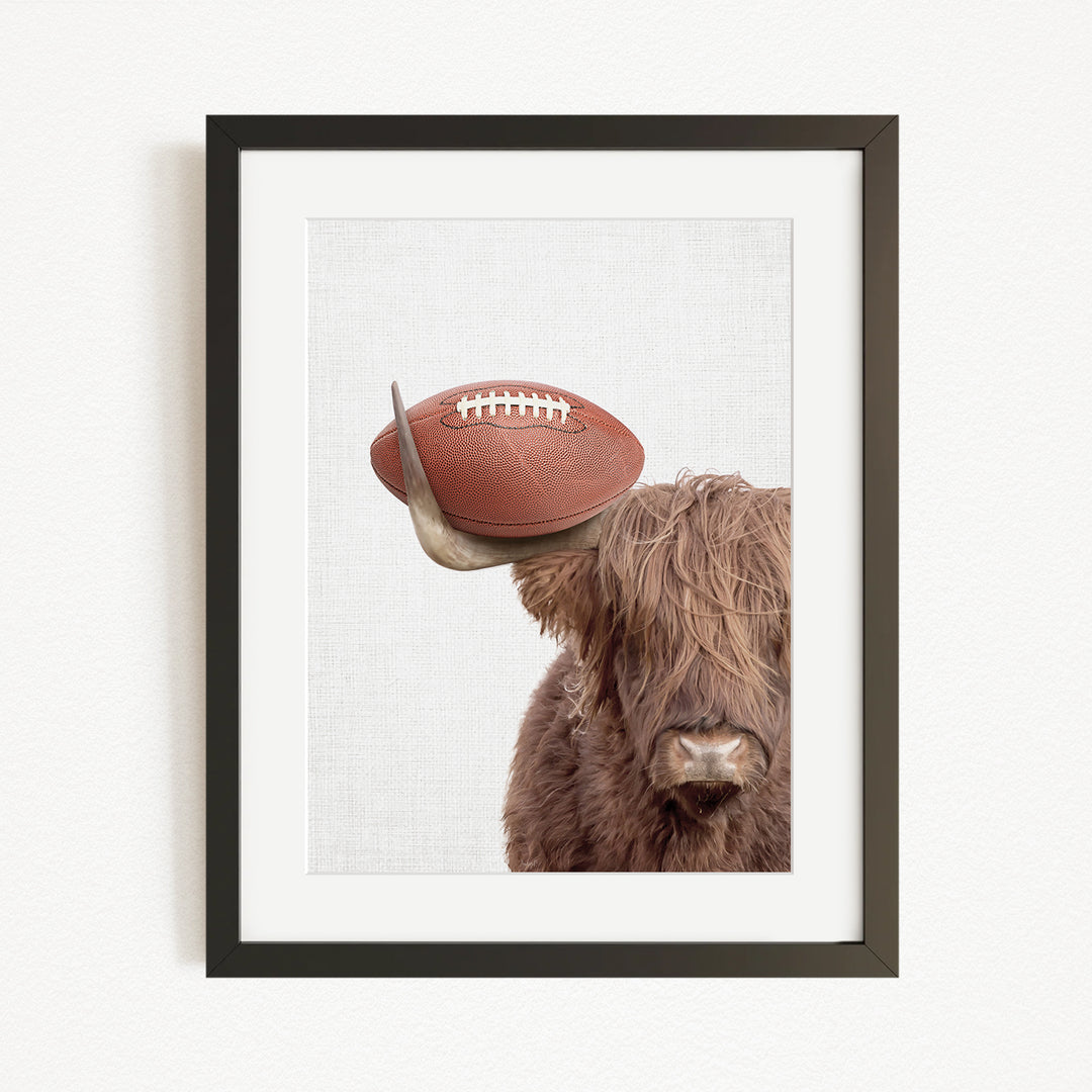 A framed image of a Highland cow with a football on its head.
