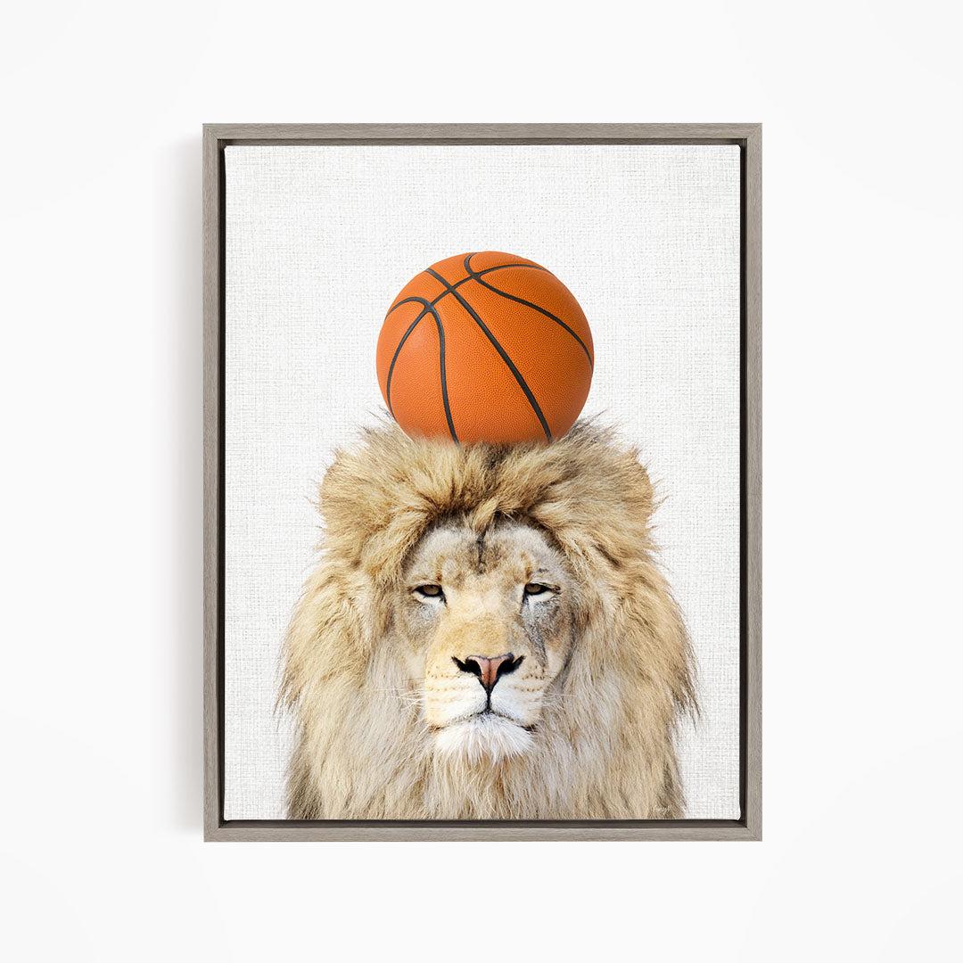 A lion with a basketball on its head, looking directly at the camera.