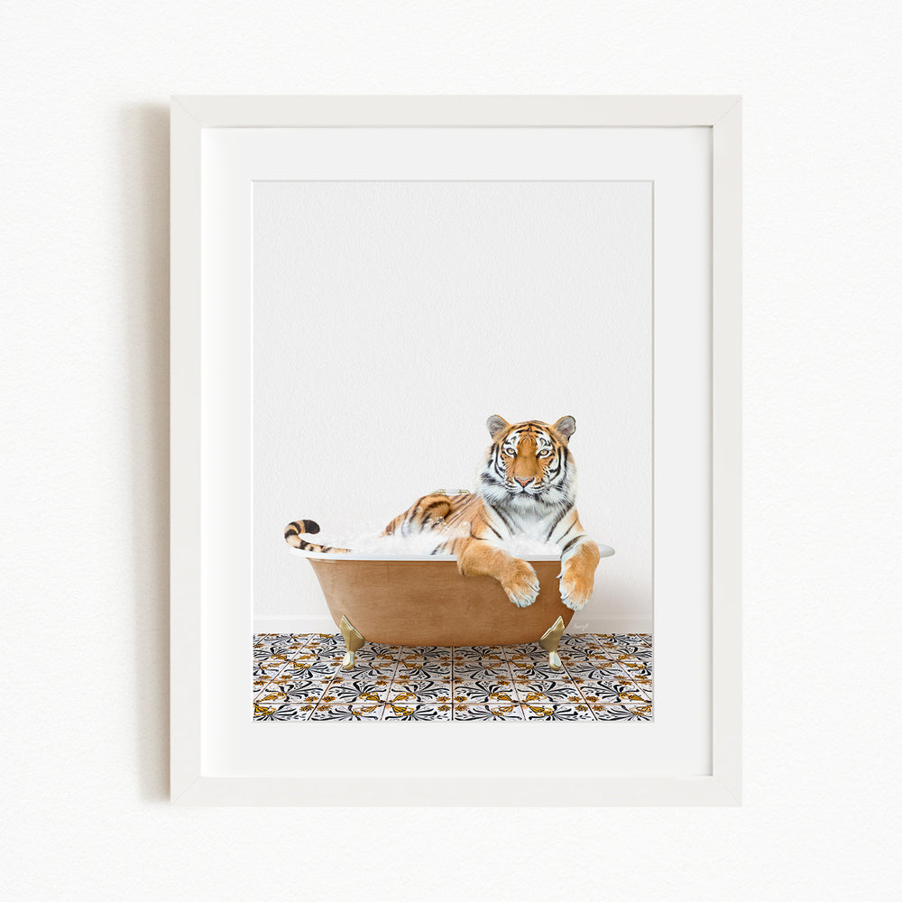 A tiger is sitting in a bathtub filled with water, surrounded by a patterned tile floor.