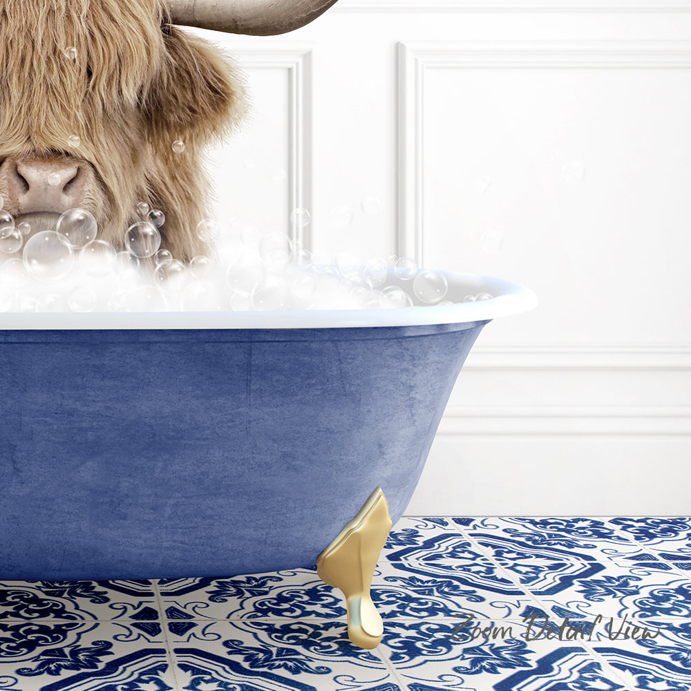 A large, blue bathtub filled with bubbles, with a large, furry animal, possibly a yak or a cow, sitting inside and enjoying the bath.