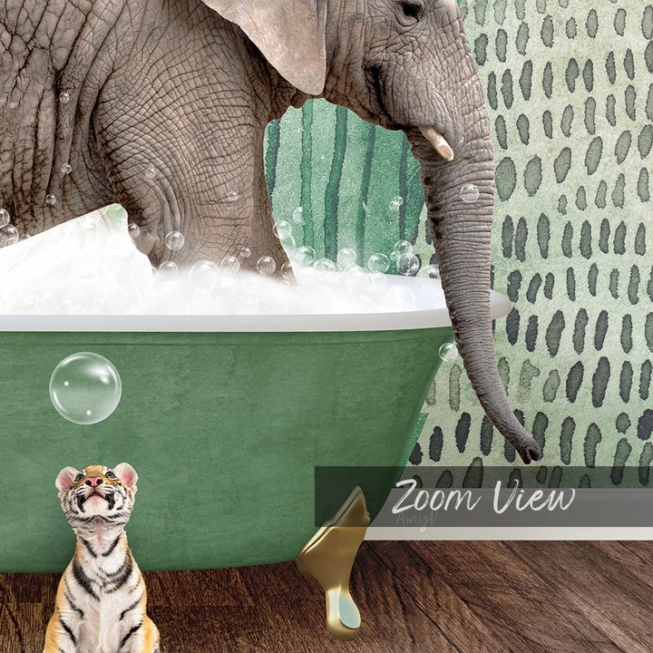 A large elephant is bathing in a green tub, while a small tiger figurine sits nearby, with a patterned wall in the background.