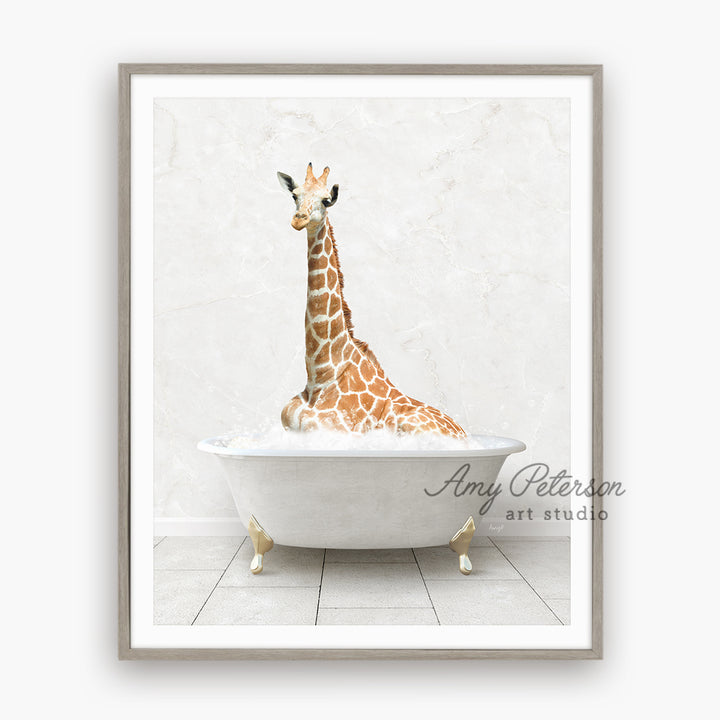 a giraffe is sitting in a bathtub