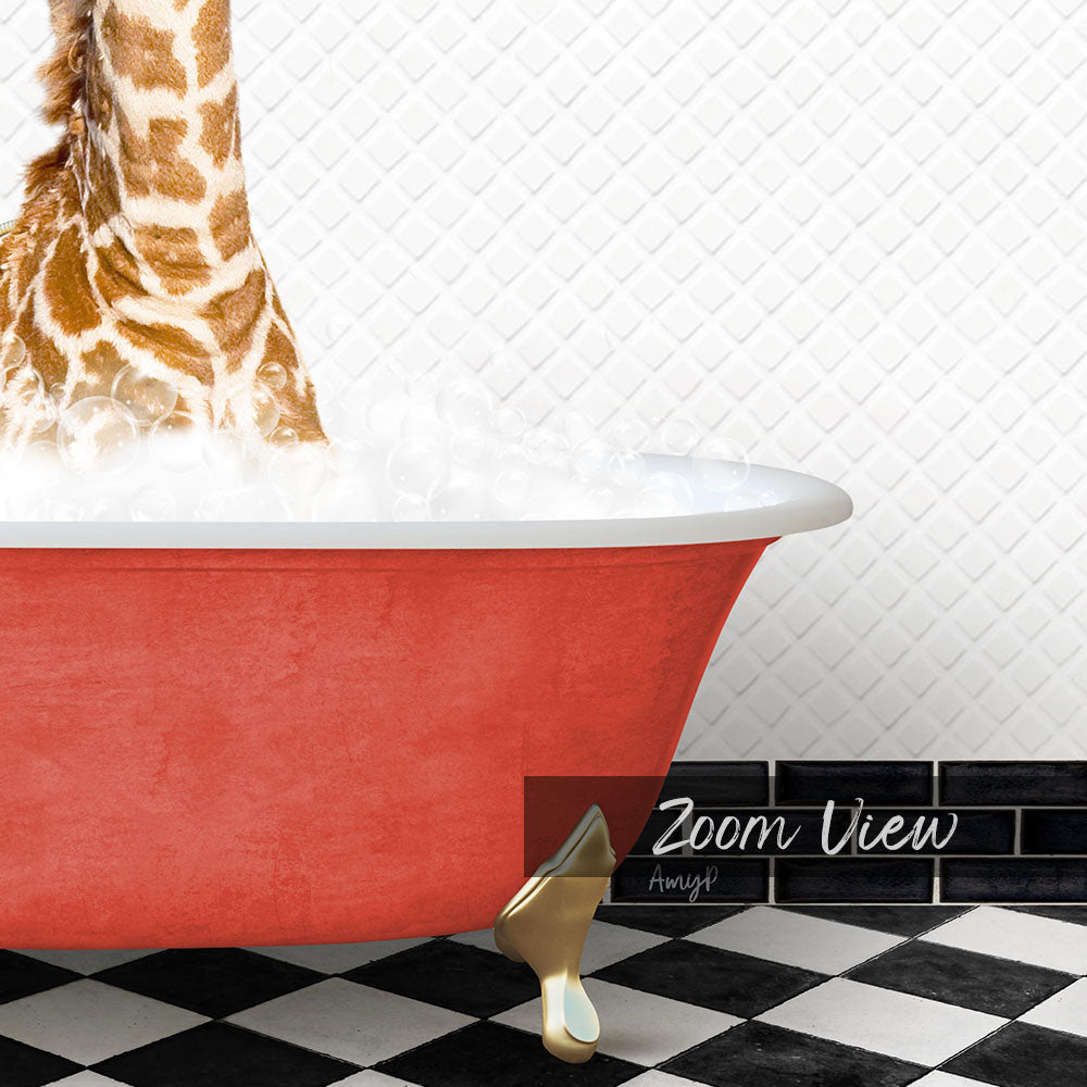 A giraffe is standing in a red bathtub filled with water, with a black and white checkered floor and a tile wall in the background.