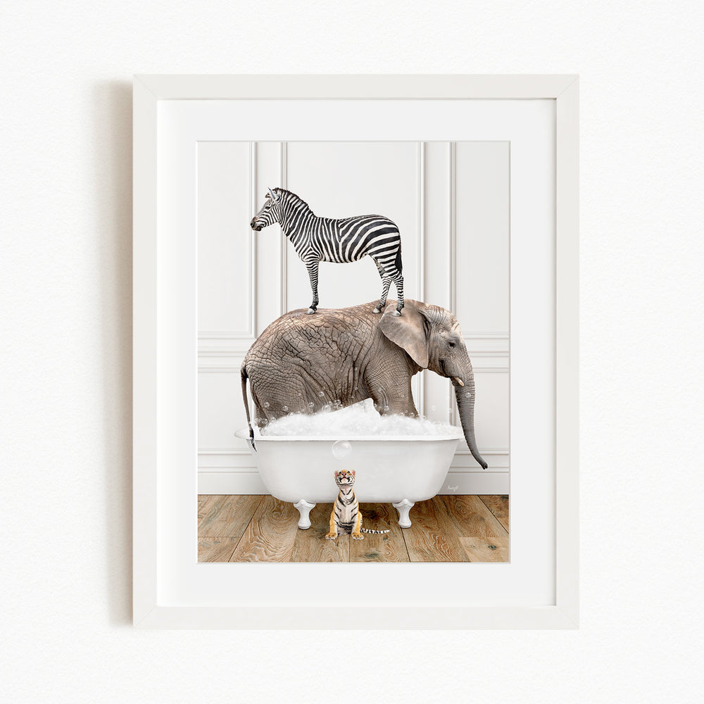 A zebra stands on the back of an elephant, which is partially submerged in a bathtub, with a tiger sitting on the edge of the tub.