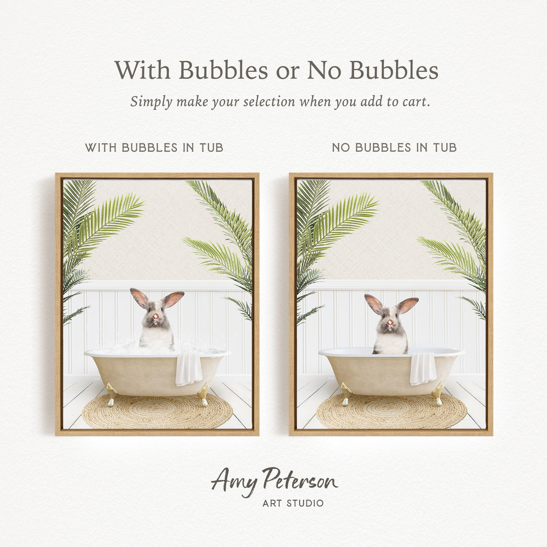 The image is a collage of two framed pictures, each featuring a rabbit sitting in a bathtub. The text above the images reads "With Bubbles or No Bubbles" and below the images, it says "Simply make your selection when you add to cart."