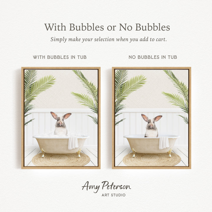 The image is a collage of two framed pictures, each featuring a rabbit sitting in a bathtub. The text above the images reads "With Bubbles or No Bubbles" and below the images, it says "Simply make your selection when you add to cart."