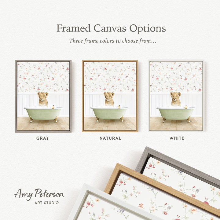 The image is a framed canvas option featuring three different framed pictures of a dog sitting in a bathtub. The pictures are in various colors, including gray, natural, and white.
