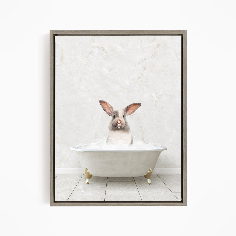 A white rabbit sitting in a white bathtub filled with water, with its head poking out of the tub.