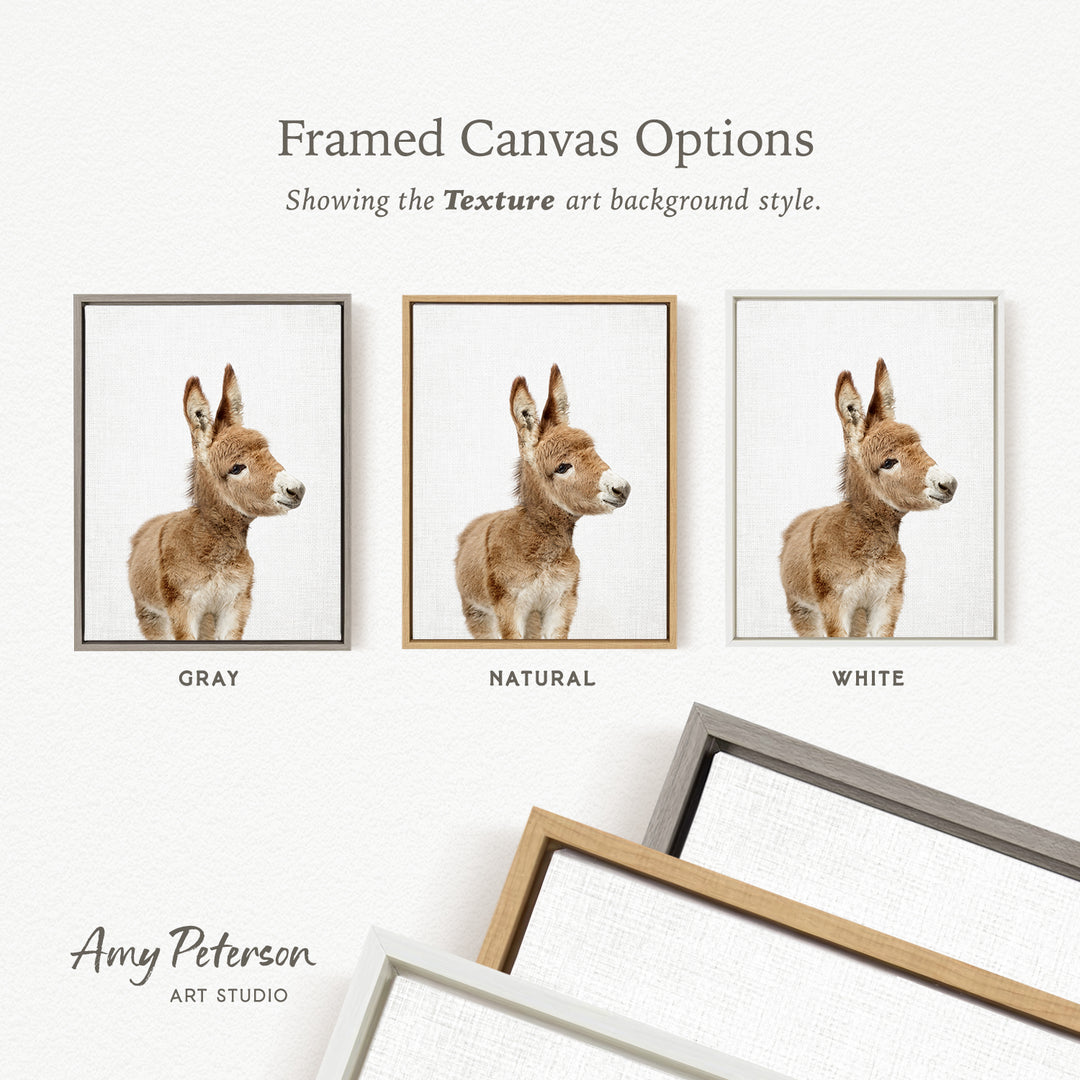three framed canvas options, each with a different color and frame style, showcasing the texture art background style.