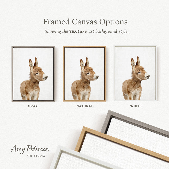 three framed canvas options, each with a different color and frame style, showcasing the texture art background style.