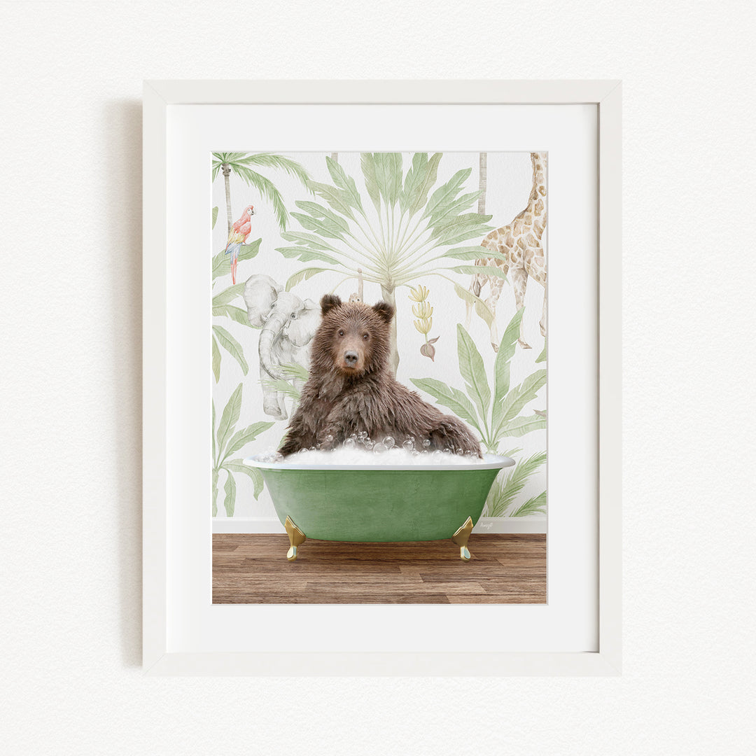 A brown bear is sitting in a green bathtub, surrounded by a tropical wallpaper with various animals and plants.