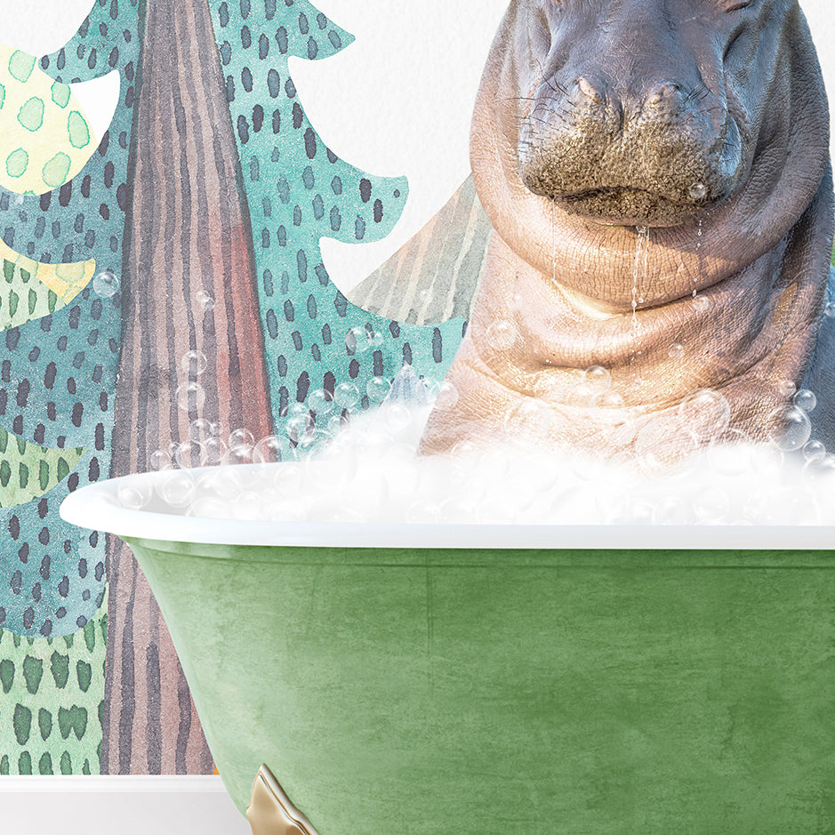 a hippopotamus in a bathtub with a christmas tree painted on the