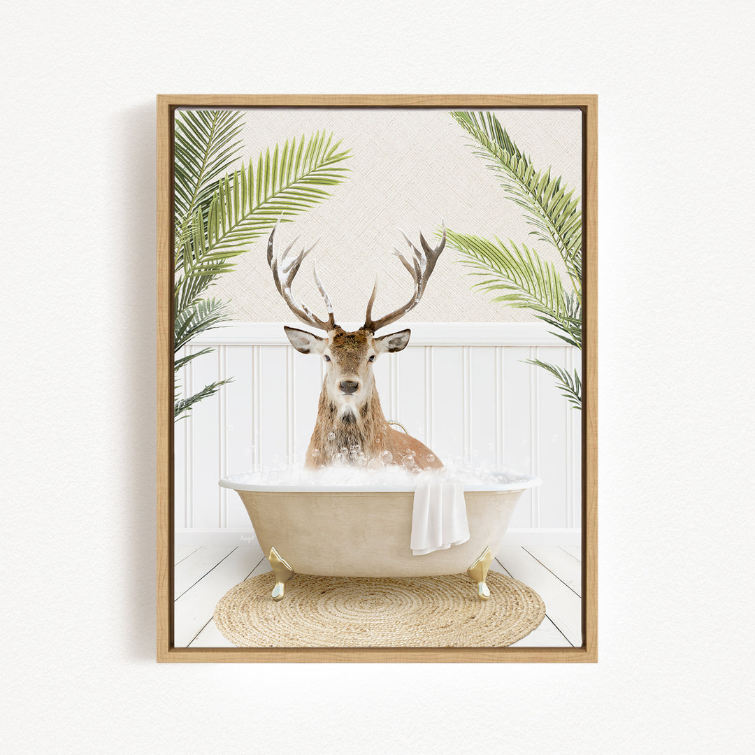 A deer with antlers is sitting in a bathtub filled with water, surrounded by palm leaves.