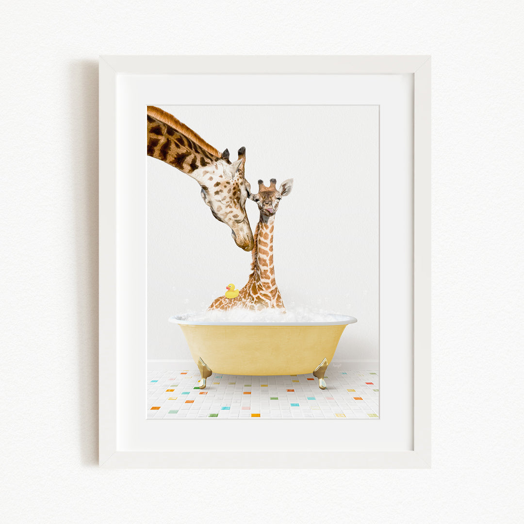 A mother giraffe and her baby giraffe are enjoying a bath together in a yellow bathtub, surrounded by a colorful tiled floor.