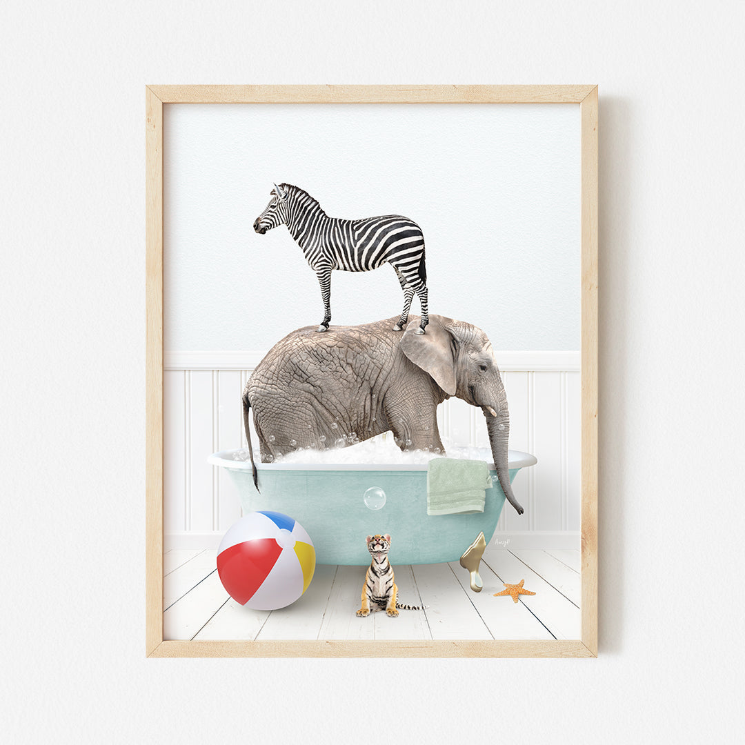 a picture of a zebra and an elephant in a bathtub