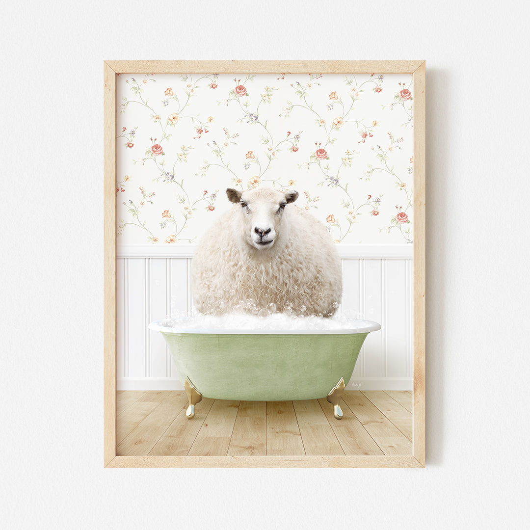 a sheep sitting in a bathtub with a floral wallpaper behind it