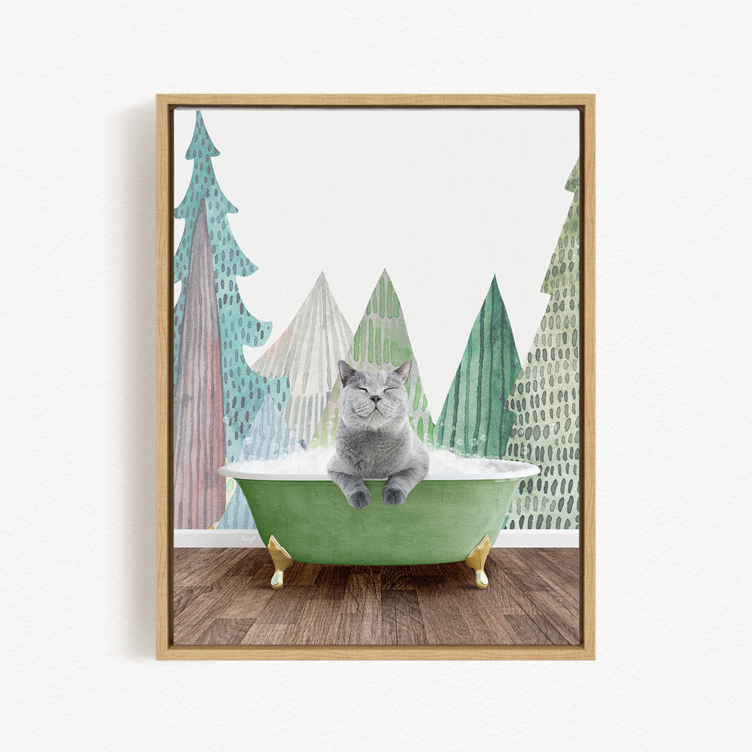 A gray cat sitting in a green bathtub, surrounded by stylized trees in various shades of green and brown.