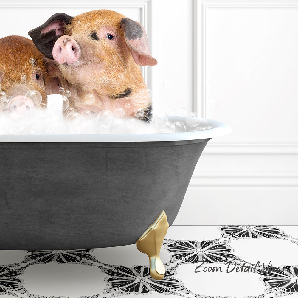 A pair of adorable pigs sitting in a bathtub filled with bubbles, creating a playful and whimsical scene.