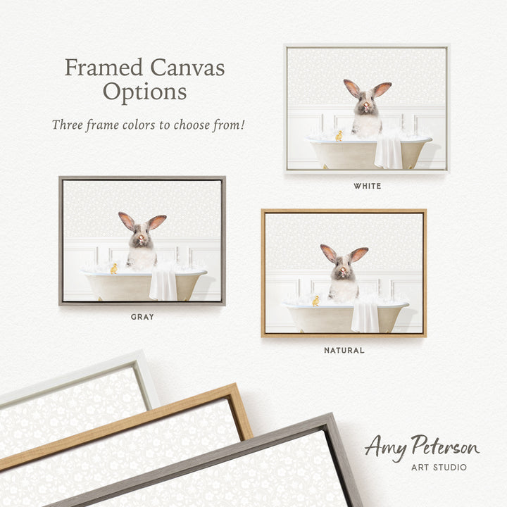 The image is a framed canvas with three different frame options for a picture of a rabbit sitting in a bathtub. The options include white, gray, and natural frames.