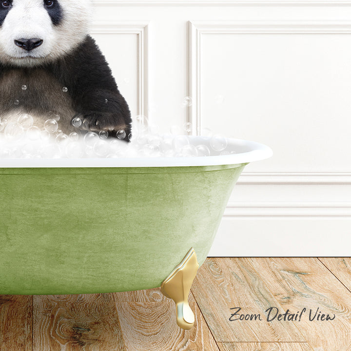 A panda bear sitting in a green bathtub filled with bubbles, with a wooden floor visible in the background.