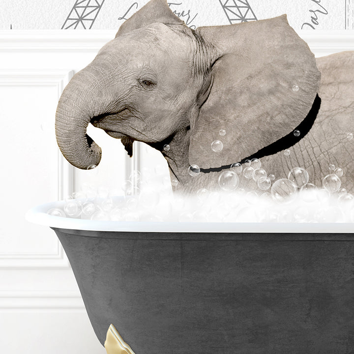 a baby elephant in a bathtub with bubbles