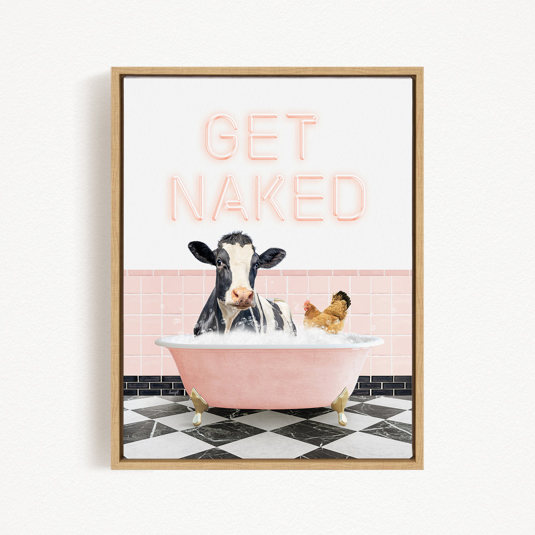 A framed image depicting a cow sitting in a pink bathtub, with a chicken nearby, and the text "GET NAKED" displayed above the scene.