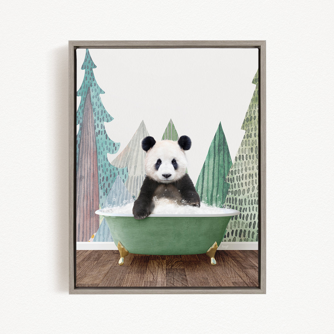 A panda bear sitting in a green bathtub, surrounded by a forest-themed background.