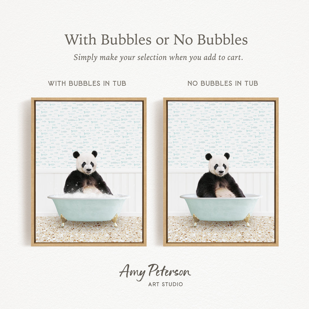 The image is a collage of two pictures featuring a panda bear sitting in a bathtub. The panda bear is sitting in a bathtub with bubbles, and the other image shows a panda bear sitting in a bathtub without bubbles.