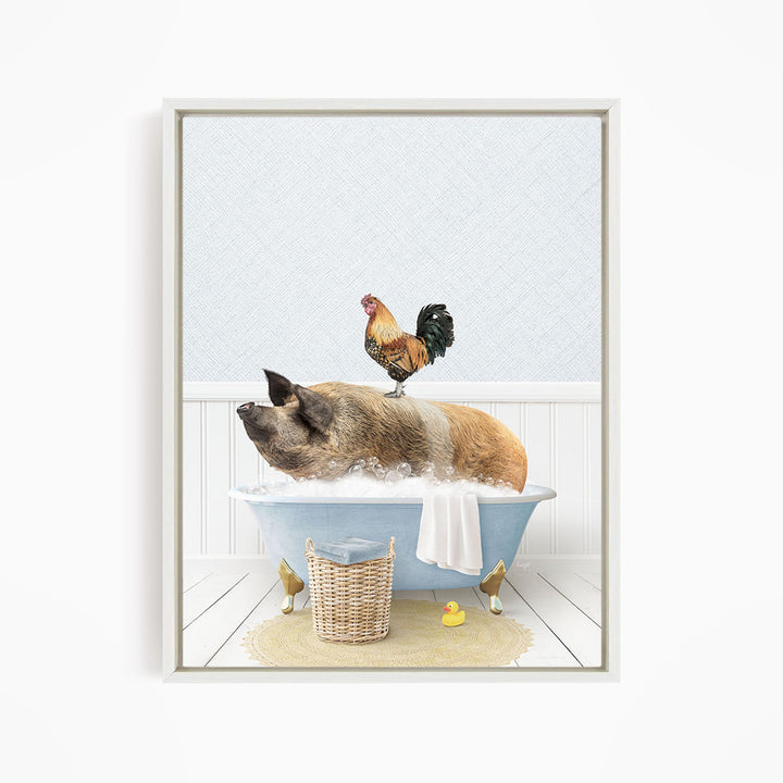 A rooster stands on a pig's back while the pig is sitting in a bathtub filled with water, surrounded by a basket, a yellow rubber duck, and a white towel.