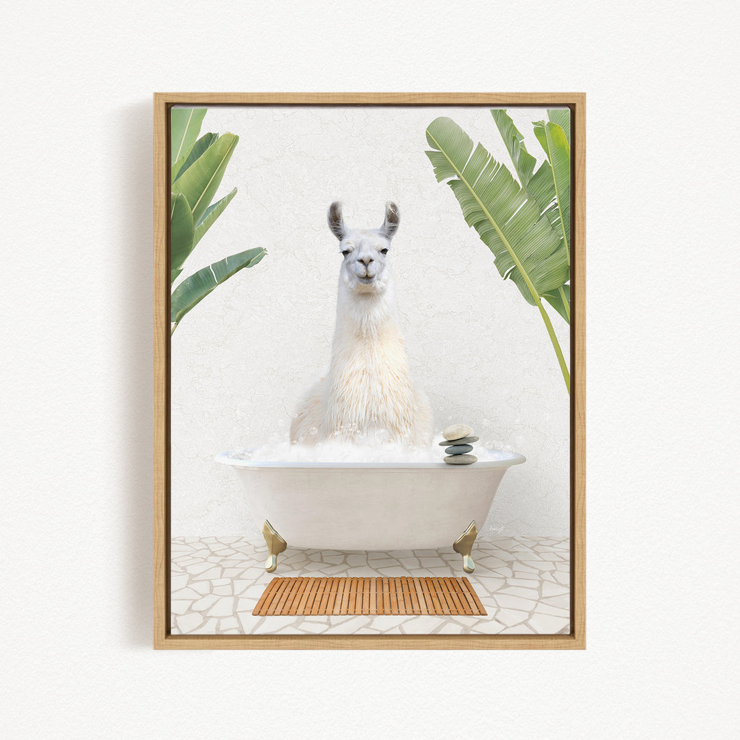 A white llama sitting in a white bathtub, surrounded by green leaves, creating a whimsical and relaxing scene.