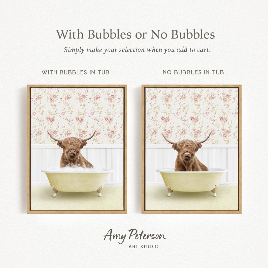 The image is a collage of two framed pictures, each depicting a brown cow with horns sitting in a bathtub. The cow in the tub has bubbles, while the cow in the tub without bubbles is shown. The collage is titled "With Bubbles or No Bubbles" and is created by Amy Peterson from Art Studio.