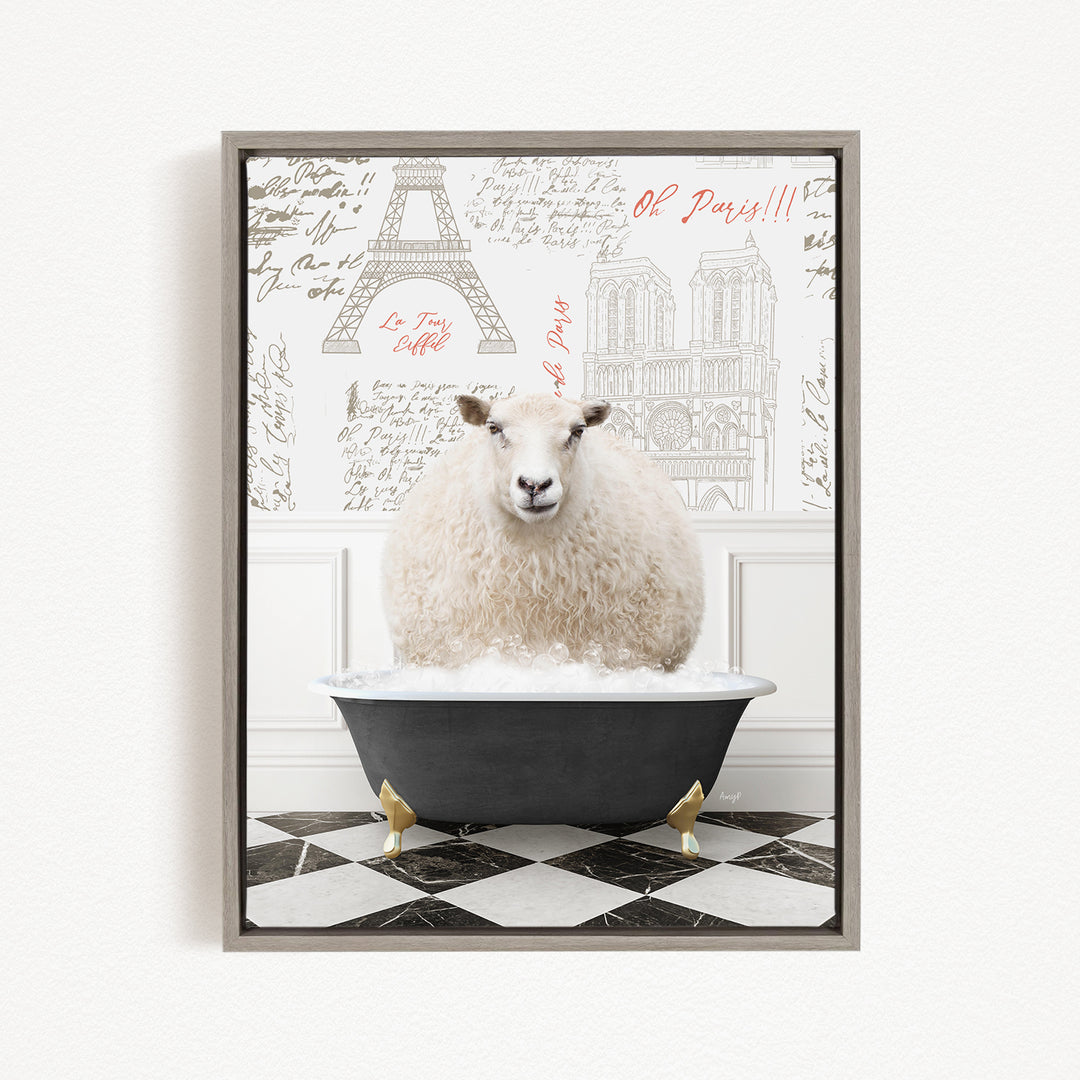 A fluffy white sheep is sitting in a bathtub filled with water, surrounded by a checkered floor and a wall with various inscriptions and illustrations.