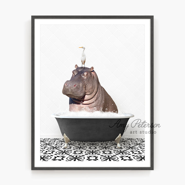 a hippo in a bathtub with a bird on top of it