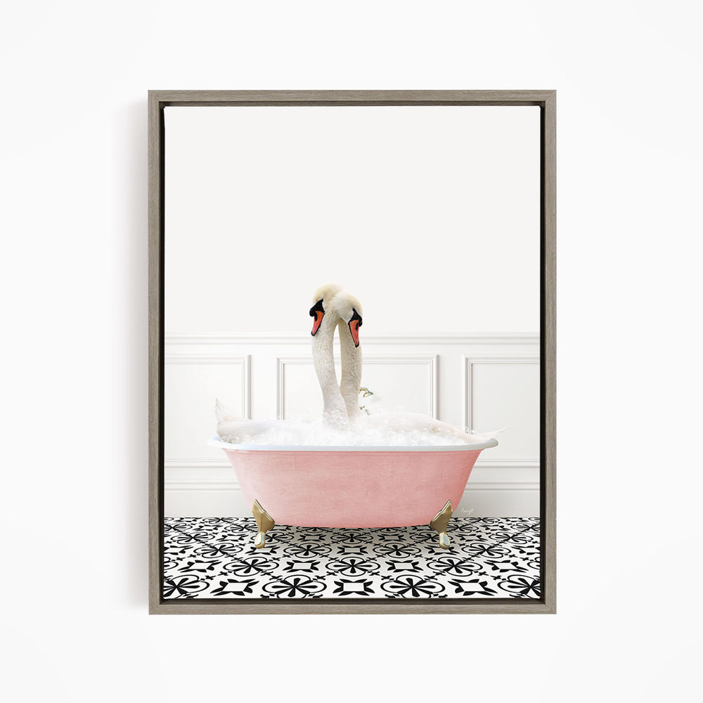 A pair of swans sitting in a pink bathtub filled with bubbles, with a black and white patterned floor in the background.