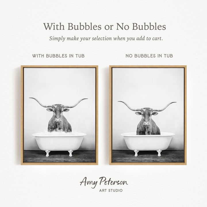The image is a black and white photograph of a bull with horns in a tub, with text above the images providing instructions for the viewer.