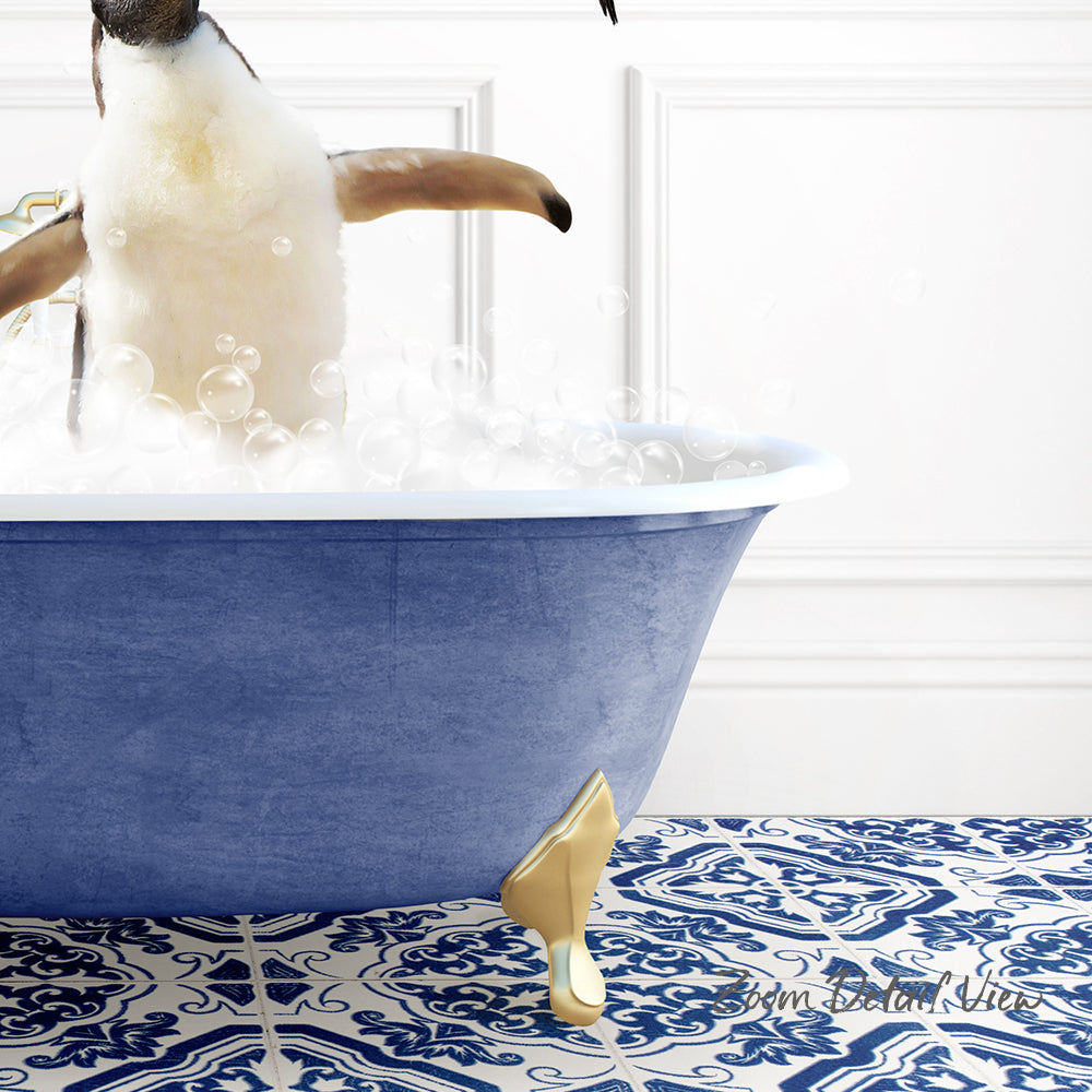 A penguin standing in a blue bathtub filled with bubbles, with a patterned tile floor in the background.