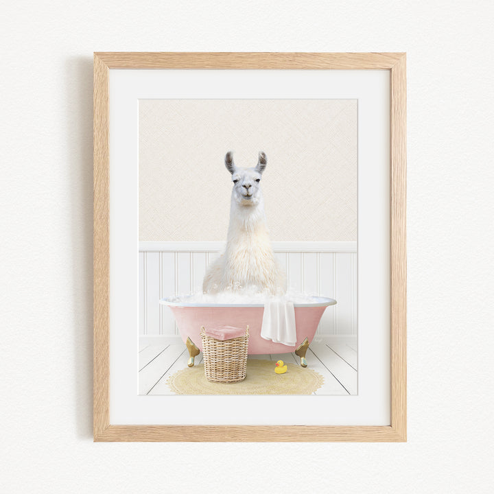 A white llama sitting in a pink bathtub filled with bubbles, surrounded by a yellow rubber duck and a wicker basket.
