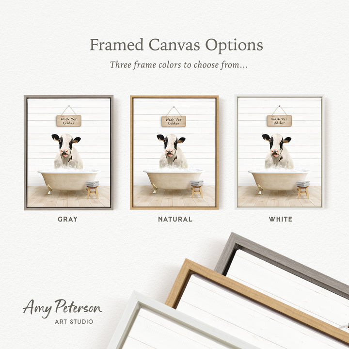 three framed canvas options featuring a cow in a bathtub, each with a different frame color: gray, natural, and white.