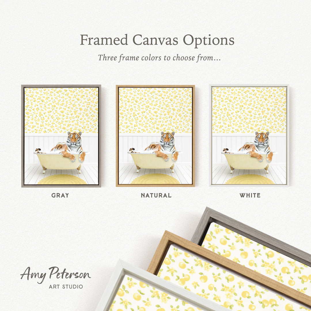 The image is a framed canvas option featuring three different framed pictures of a tiger sitting in a bathtub, each with a different frame color: gray, natural, and white.