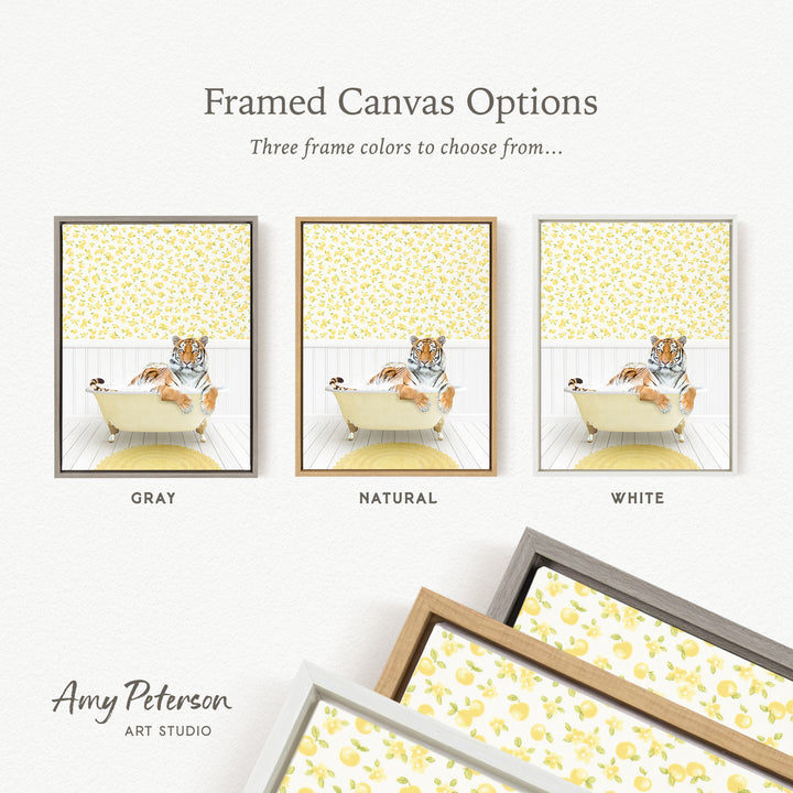 The image is a framed canvas option featuring three different framed pictures of a tiger sitting in a bathtub, each with a different frame color: gray, natural, and white.