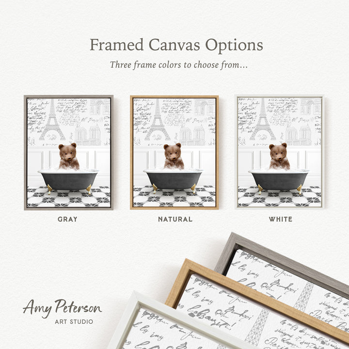 The image is a framed canvas option showcasing three different frame colors: gray, natural, and white. The canvas features a teddy bear sitting in a bathtub, with the teddy bear appearing in each frame.