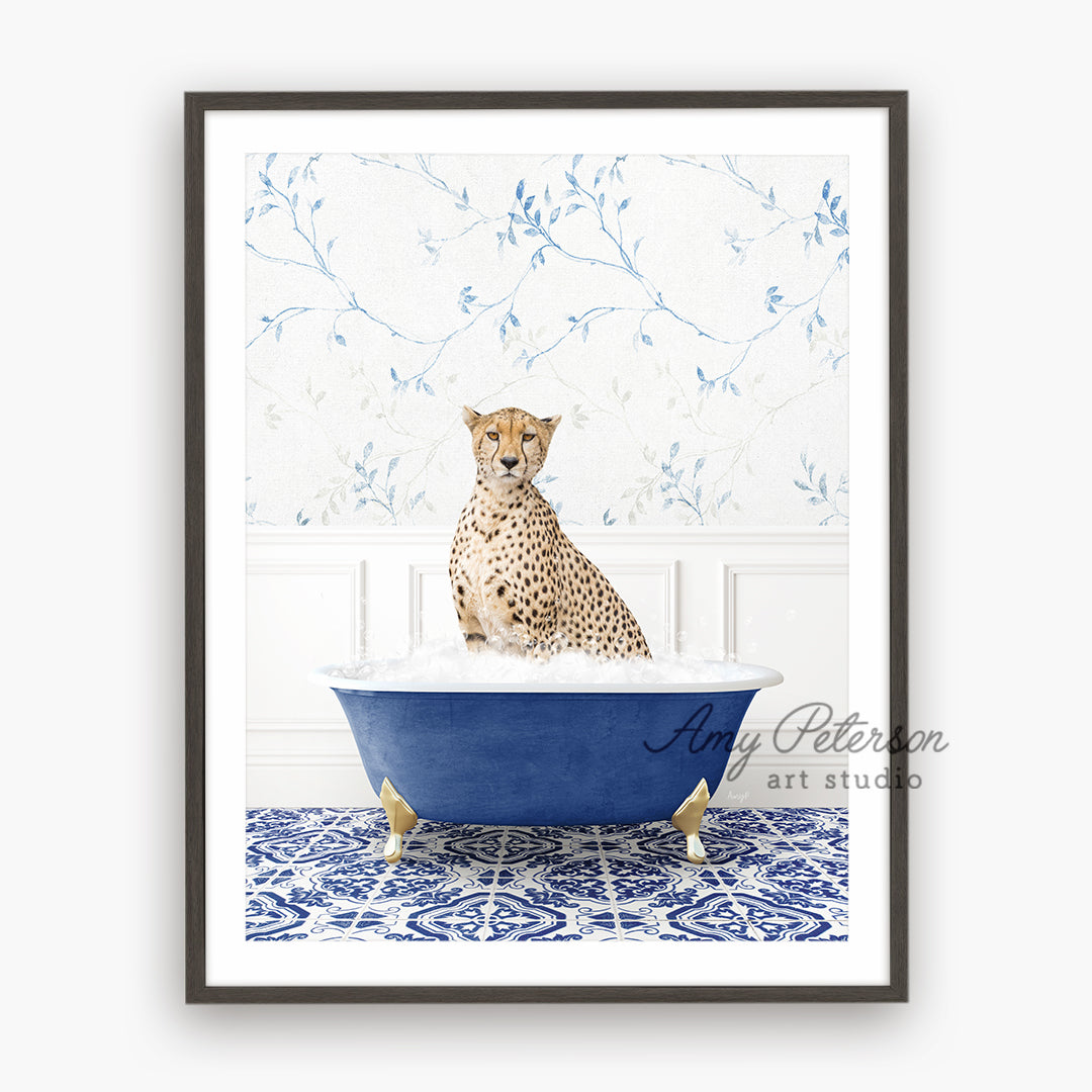 a picture of a cheetah sitting in a bathtub