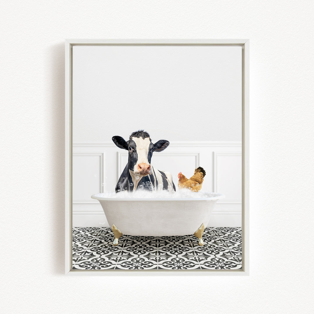 A black and white cow is sitting in a white bathtub, surrounded by a chicken and a hen, creating a whimsical and humorous scene.