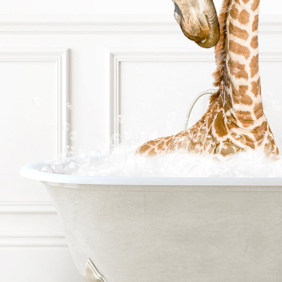 a baby giraffe in a bath tub with bubbles