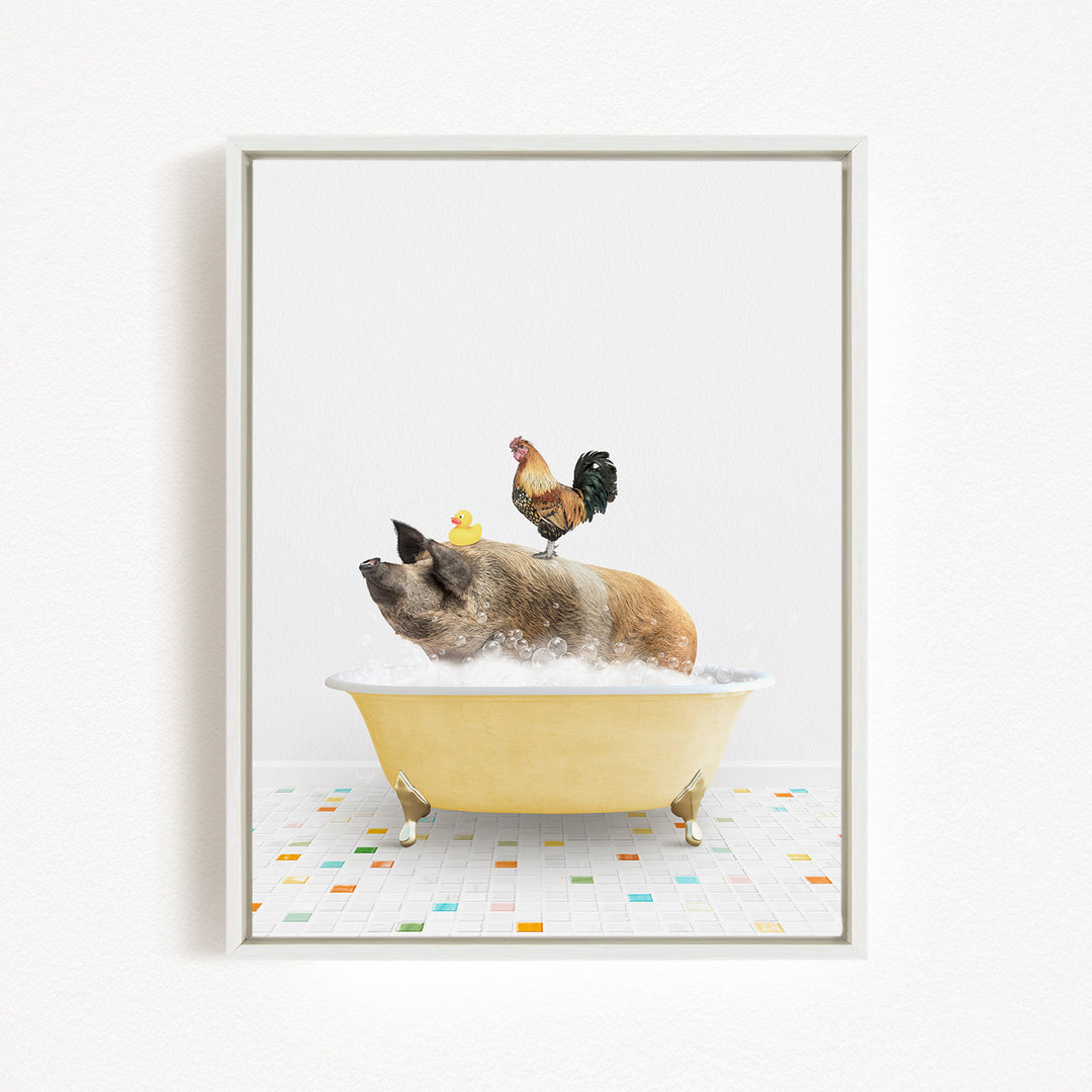 A pig is sitting in a yellow bathtub, surrounded by a chicken and a duck, creating a whimsical and playful scene.