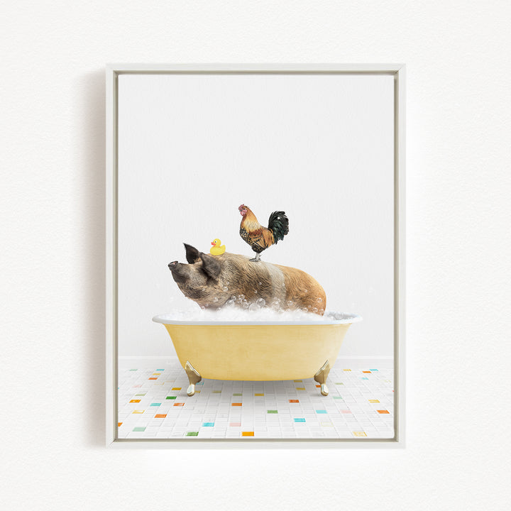 A pig is sitting in a yellow bathtub, surrounded by a chicken and a duck, creating a whimsical and playful scene.