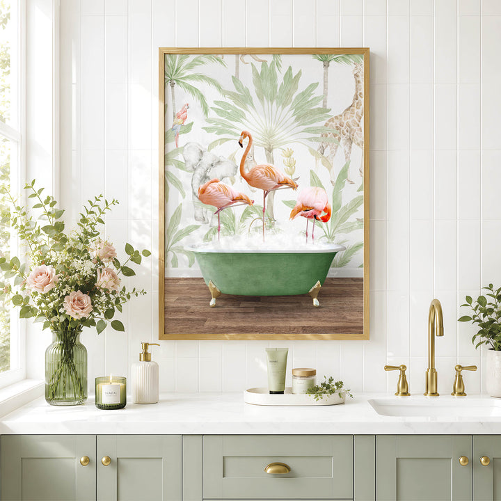 a bathroom scene with a framed picture of three flamingos sitting in a green bathtub, surrounded by tropical foliage. The bathroom has a white countertop, a sink, and a vase of flowers. The overall color scheme is predominantly white and green, creating a serene and natural atmosphere.