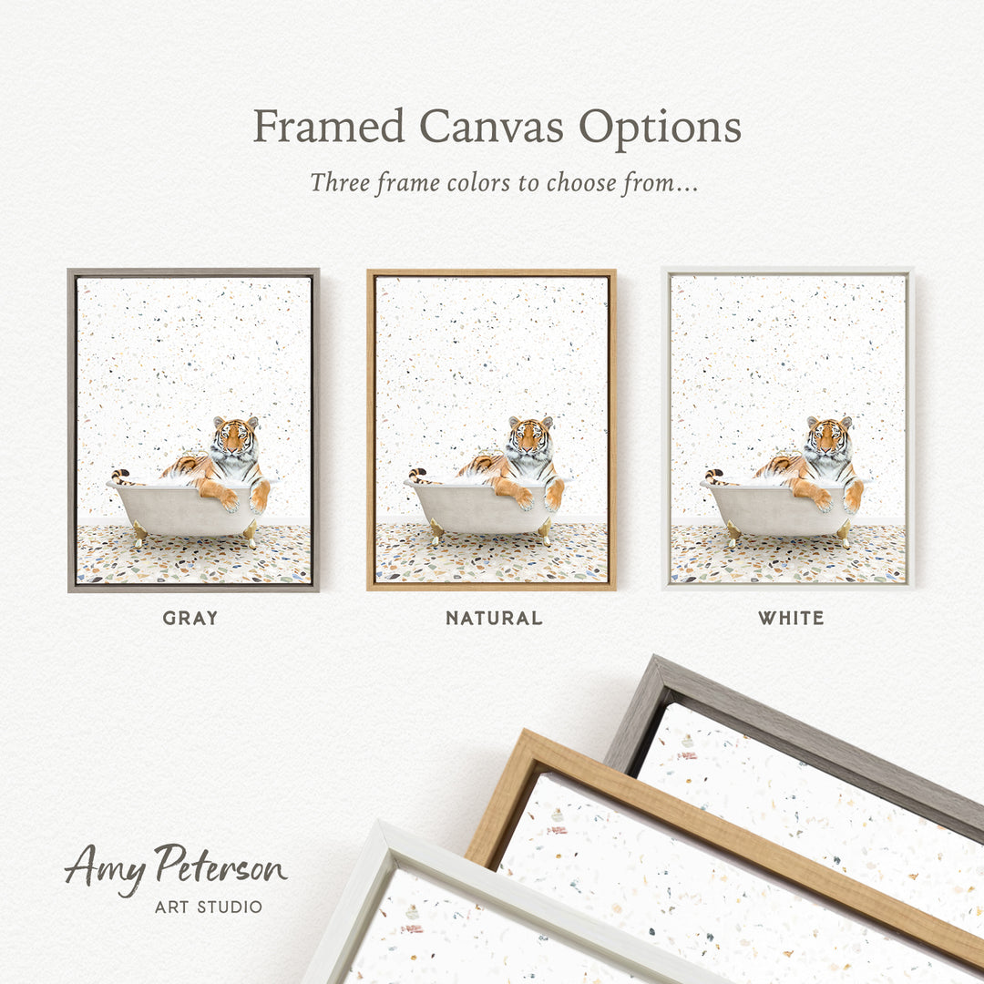 The image is a framed canvas option showcasing three different color options for a tiger bath. The options are gray, natural, and white.